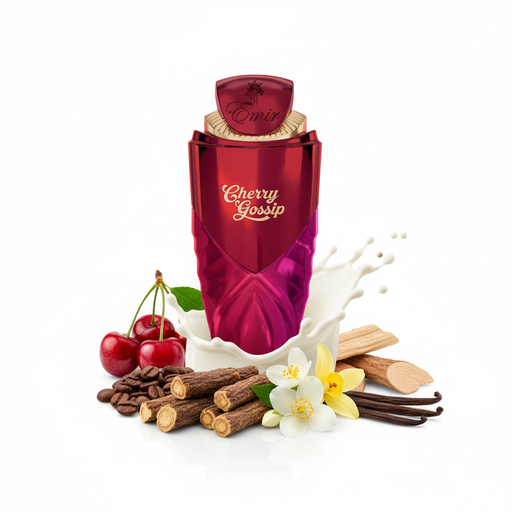Perfume con notas de cereza, café, regaliz, leche, notas atalcadas, jazmín, acorde goloso, vainilla y notas amaderadas