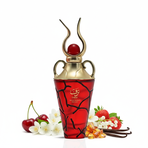 Perfume con notas de cereza, fresa, jazmín, lirio de los valles, ámbar, vainilla y almizcle