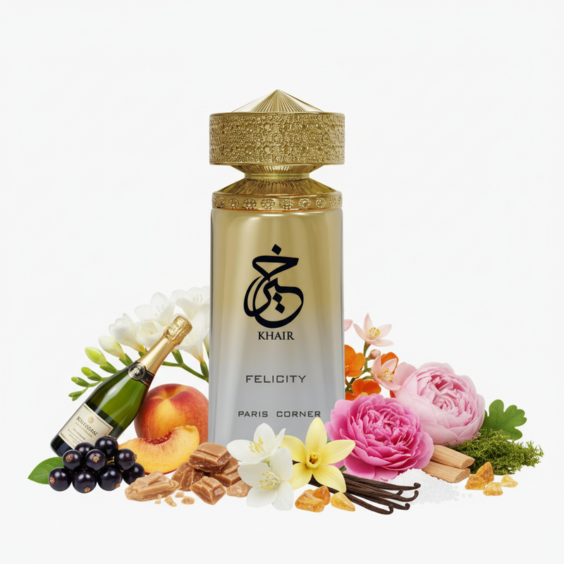 Perfume con notas de champán, grosella negra, fresia, nectarina, praliné, jazmín, flor de azahar, rosa de mayo, peonía, vainilla, azúcar, almizcle, sándalo, ámbar y musgo de roble
