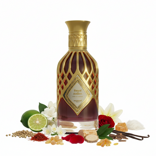Perfume con notas de cilantro, bergamota, nardos, azafrán, jazmín, neroli, rosa, azucena, incienso, madera de gaiac, pachulí, madera de oud, vainilla, ámbar y almizcle
