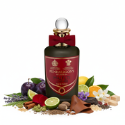 Perfume con notas de ciruela, cardamomo, lavanda, bergamota, cítricos, notas verdes, nuez moscada, rosa, canela, comino, violeta, jazmín, cuero, madera de oud, incienso, cedro y pachulí