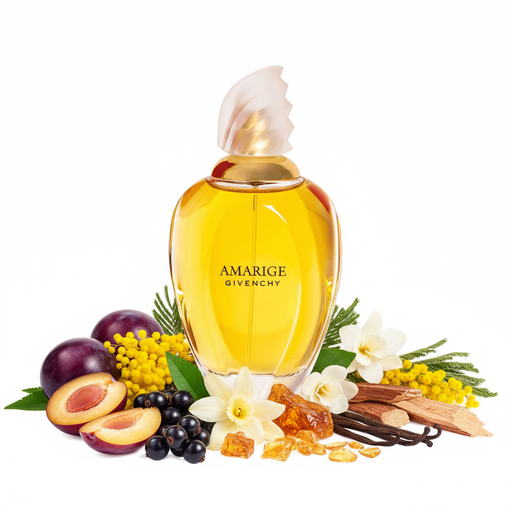 Perfume con notas de ciruela, mimosa, grosellas negras, nardo, ámbar, vainilla y cedro