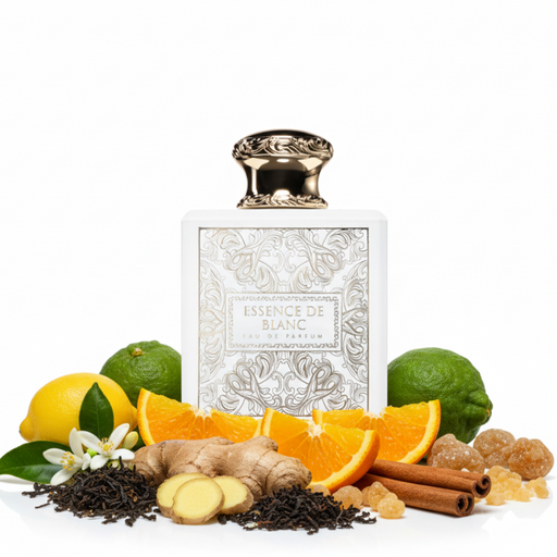 Perfume con notas de citron de Calabria, bergamota, naranja siciliana, neroli tunecino, jengibre nigeriano, canela de Ceilán, té negro chino, ambroxán, madera de guayaco y olíbano