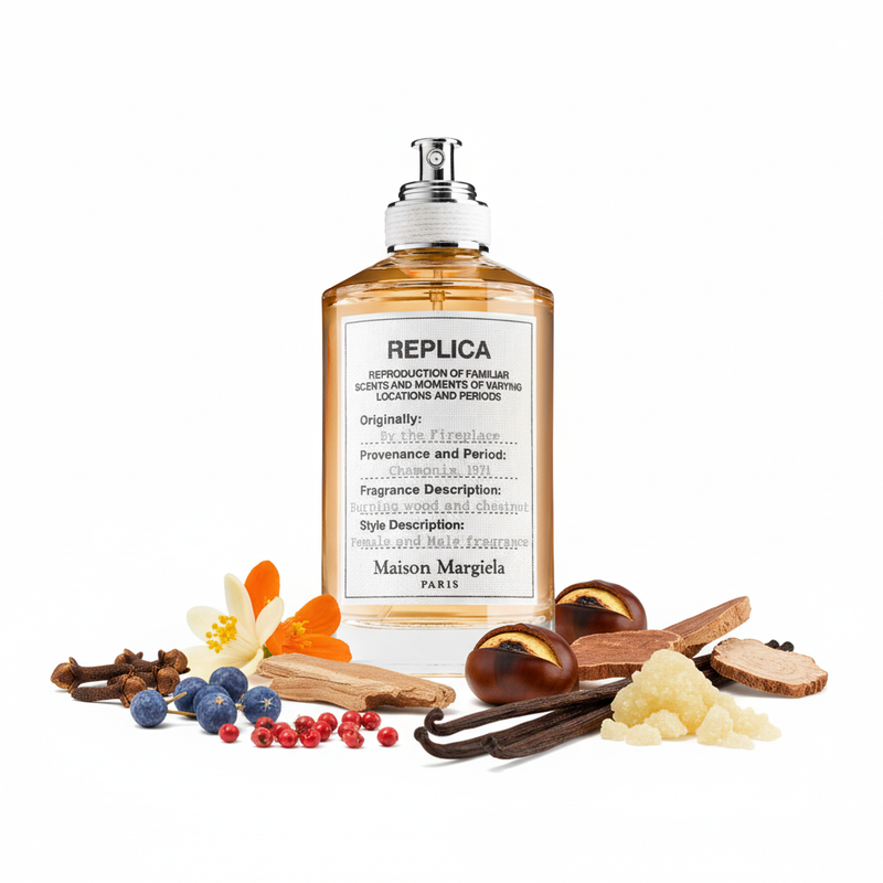 Perfume con notas de clavo de olor, pimienta rosa, flor de azahar del naranjo, castaña tostada, madera de gaiac, enebro de Virginia, vainilla, bálsamo del Perú y madera de cachemira