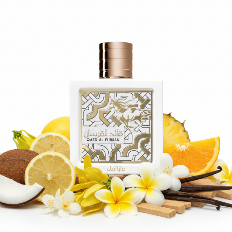 Perfume con notas de coco, cítricos, piña, ylang-ylang, frangipani, jazmín, vainilla, almizcle y sándalo