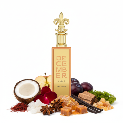 Perfume con notas de coco, manzana, anís, azafrán, rosa, ciruela, ámbar, benjuí, vainilla, cedro, caramelo y musgo