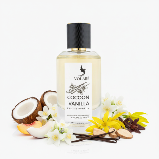 Perfume con notas de coco, melocotón blanco, flor de tiaré, ylang-ylang, jazmín, jazmín egipcio, vainilla de Madagascar, almizcle blanco y notas amaderadas