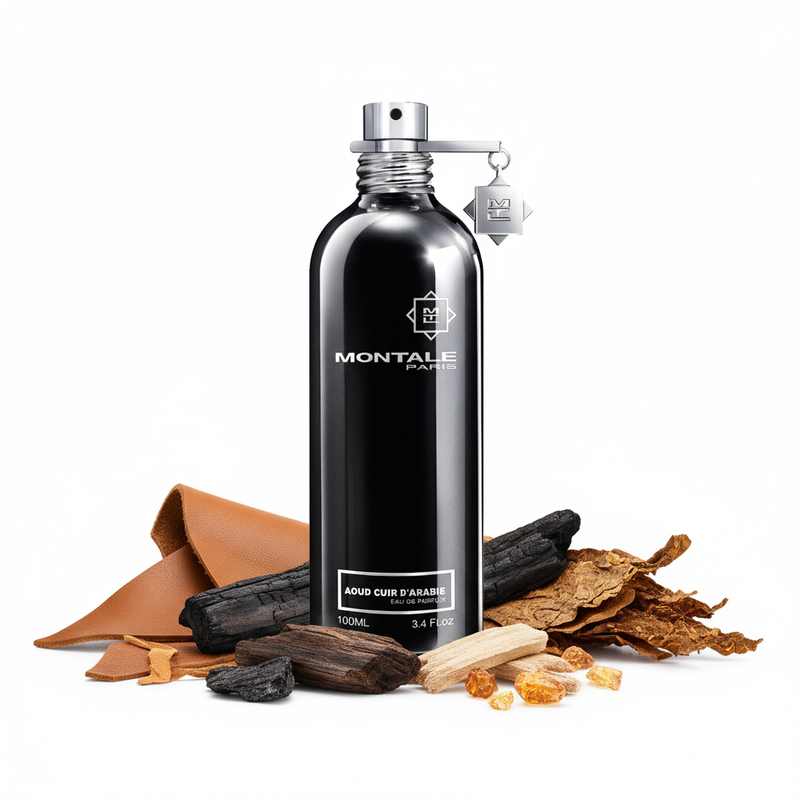 Perfume con notas de cuero curtido, notas ahumadas, madera de oud, tabaco, maderas secas, ámbar y acordes animales
