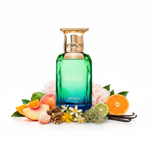 Perfume con notas de durazno blanco, mandarina, bergamota, lichi, peonía, flor de azahar del naranjo, vetiver, mahonia, almizcle, ambroxan, musgo de roble y vainilla