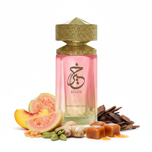 Perfume con notas de durazno, guayaba, nectarina, jengibre, cardamomo, caramelo, almizcle y maderas secas