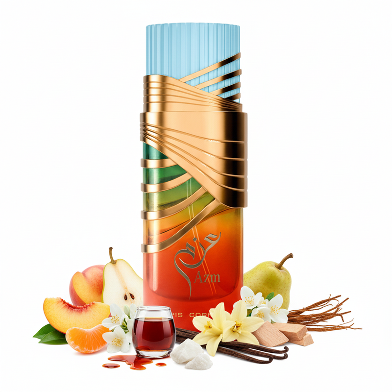 Perfume con notas de durazno, pera, mandarina, ron, nardos, jazmín, almizcle, vainilla, sándalo y vetiver