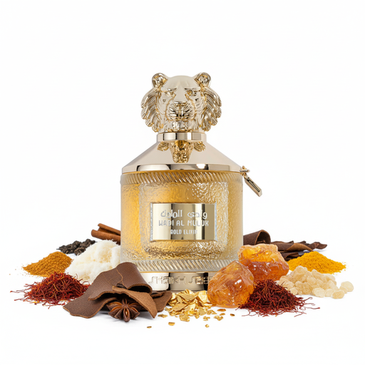 Perfume con notas de especias cálidas, almizcle suave, azafrán, cuero, matices metálicos, tabaco, ámbar e incienso