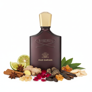 Perfume con notas de especias, incienso, jengibre, bergamota, rosa de mayo, regaliz, mirra, haba tonka, madera de oud, sándalo y pachulí