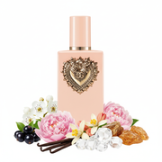 Perfume con notas de flor del peral, grosellas negras, peonía, flor de azahar del naranjo, vainilla de Madagascar, ambroxan y Amberwood