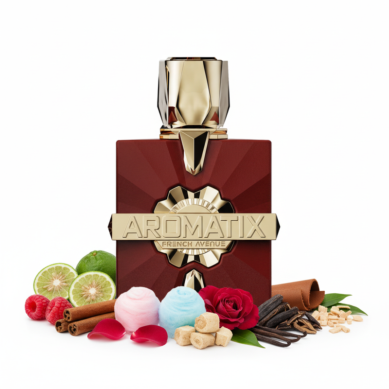 Perfume con notas de frambuesa, canela, bergamota, algodón de azúcar, raíz de lirio, rosa, cuero, madera de oud, vainilla, cedro y pachulí