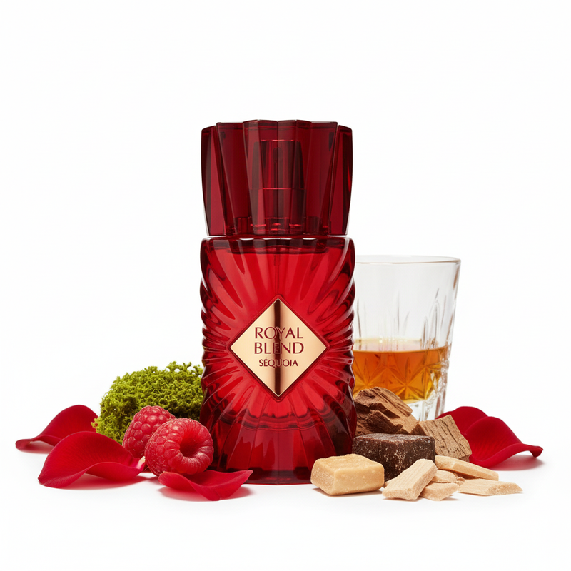 Perfume con notas de frambuesa, coñac, licor, rosa, musgo, roble, sándalo y praliné