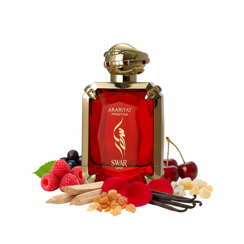 Perfume con notas de frambuesa, grosellas negras, cereza, cedro, rosa, incienso, vainilla, ámbar gris y almizcle
