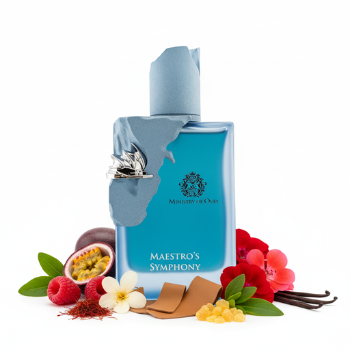 Perfume con notas de frambuesa, hojas de violeta, maracuyá, azafrán, osmanto, rosa, geranio, cuero, incienso de olíbano, pachulí y vainilla