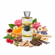Perfume con notas de frambuesa, naranja, azafrán, ámbar, hojas de laurel, geranio, manzanilla, lavanda, cardamomo, caramelo, nuez moscada, sándalo, cedro, musgo de roble, resinas, vetiver, oud, vainilla y almizcle