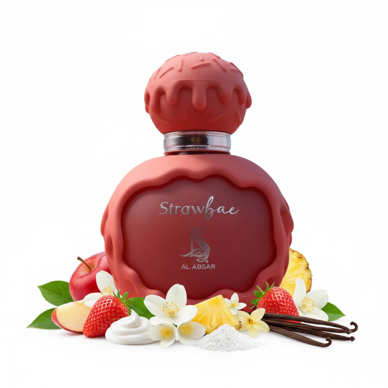 Perfume con notas de fresa, manzana, piña, notas cremosas, notas florales, notas verdes, jazmín, flores blancas, notas afrutadas, notas atalcadas, vainilla, acorde gourmand y almizcle