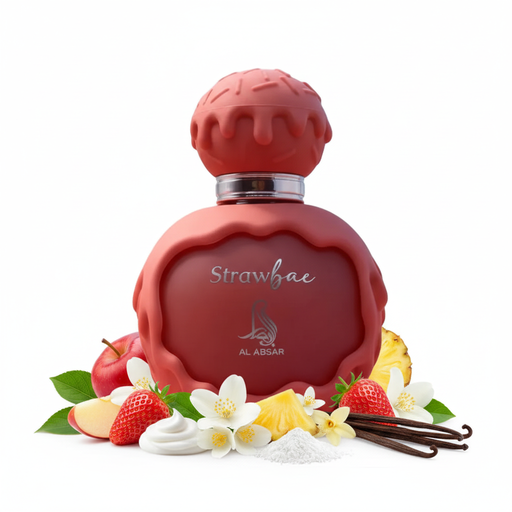Perfume con notas de fresa, manzana, piña, notas cremosas, notas florales, notas verdes, jazmín, flores blancas, notas afrutadas, notas atalcadas, vainilla, acorde gourmand y almizcle