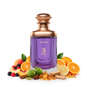 Perfume con notas de frutas jugosas, cítricos vibrantes, dulzura cálida, especias sutiles, maderas frescas, almizcle suave, matices terpenosos y ámbar resplandeciente
