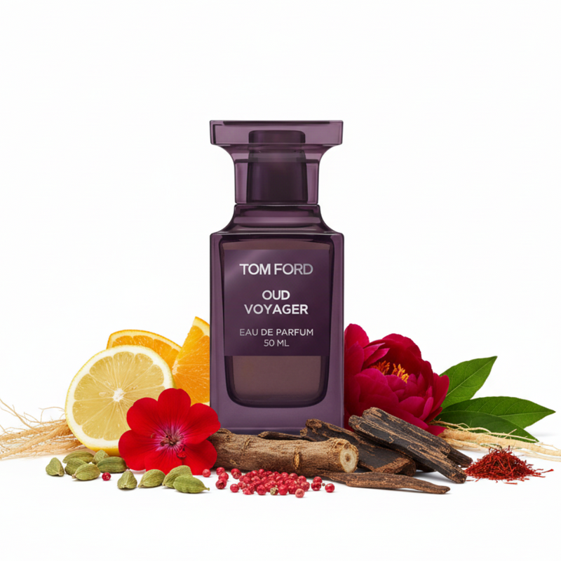 Perfume con notas de geranio, pimienta rosa, cítricos, peonía roja, cardamomo, azafrán, madera de oud, cipriol, vetiver, pachulí y almizcle