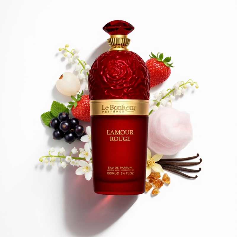 Perfume con notas de grosella negra, fresa, acorde de lichi, jazmín sambac absoluto, lirio de los valles, acorde de algodón de azúcar, vainilla bourbon, ámbar y almizcles blancos