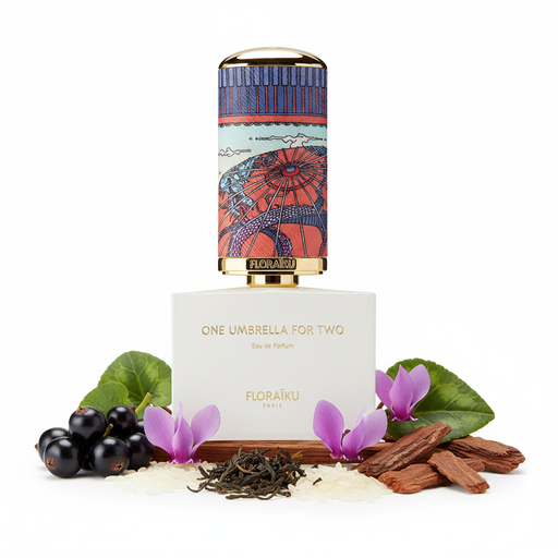 Perfume con notas de grosellas negras, ciclamen, té, arroz, cedro y almizcle blanco