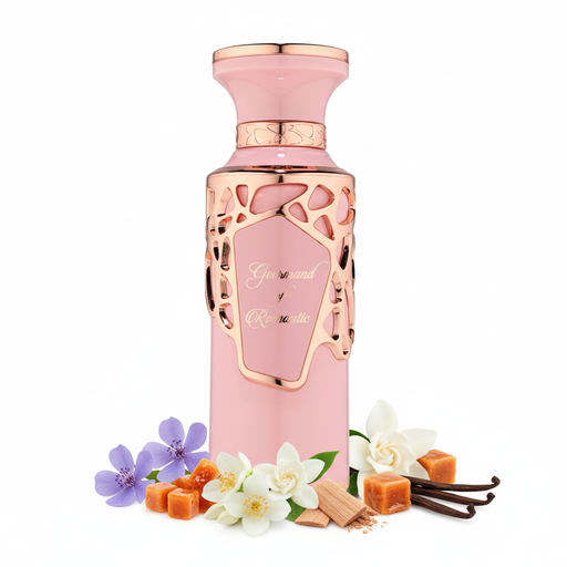Perfume con notas de heliotropo, fruta confitada, jazmín, gardenia, sándalo, vainilla, caramelo y almizcle