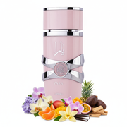 Perfume con notas de heliotropo, orquídea, mandarina, acorde gourmand, frutas tropicales, vainilla, sándalo y almizcle