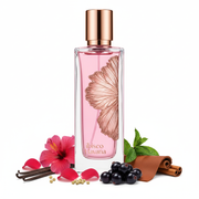 Perfume con notas de hibisco damasceno, rosa, vainilla, cassis, cuero, menta, ambreta y canela