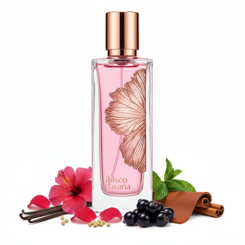 Perfume con notas de hibisco damasceno, rosa, vainilla, cassis, cuero, menta, ambreta y canela