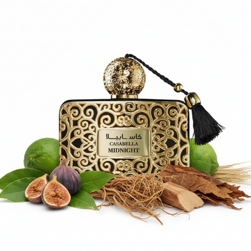 Perfume con notas de higo, laurel, bergamota, cedro, vetiver, almizcle, tabaco y heno