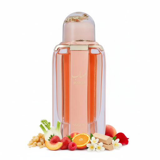 Perfume con notas de incienso, frutas rojas, hinojo, durazno, osmanto, jazmín, sándalo, rosa y almizcle