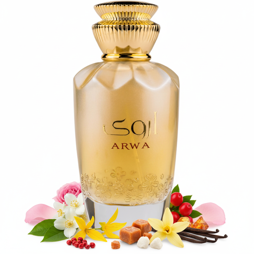 Perfume con notas de jazmín, rosa, ylang-ylang, pimienta rosa, frutos rojos, pachulí, caramelo, almizcle, vainilla y ámbar