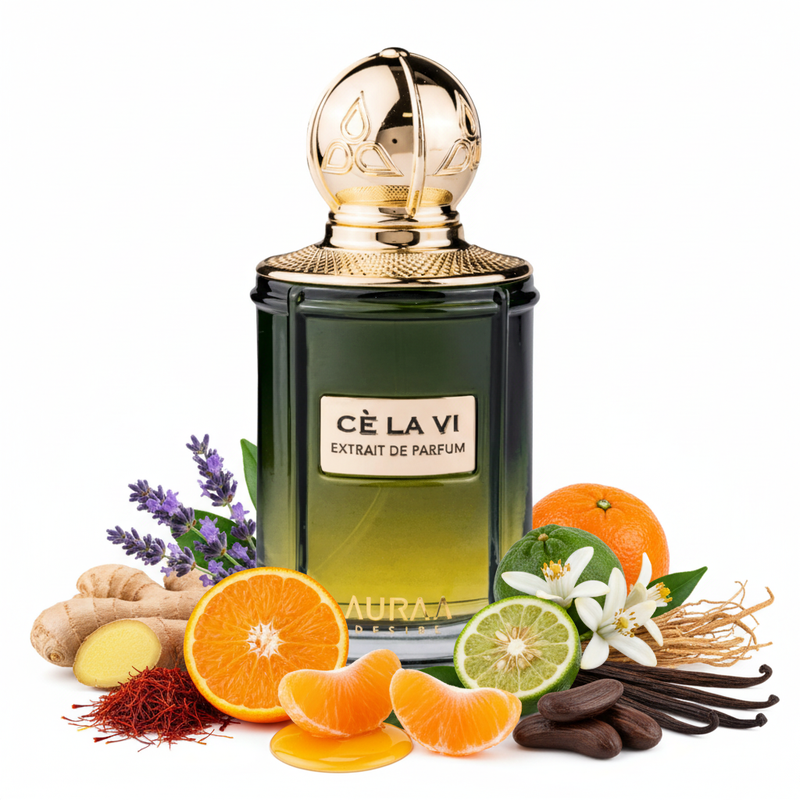 Perfume con notas de jengibre, azafrán, mandarina, naranja, bergamota, flor de azahar, lavanda, vainilla, miel, haba tonka y vetiver