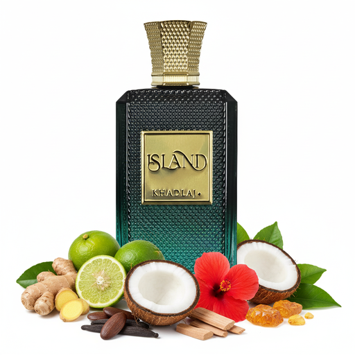 Perfume con notas de jengibre, bergamota, coco, hibisco, acordes verdes, haba tonka, sándalo, ámbar y cedro