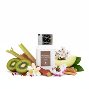 Perfume con notas de kiwi, pimienta rosa, ruibarbo, jazmín, ciclamen, melón, almizcle, árbol de limón y sándalo