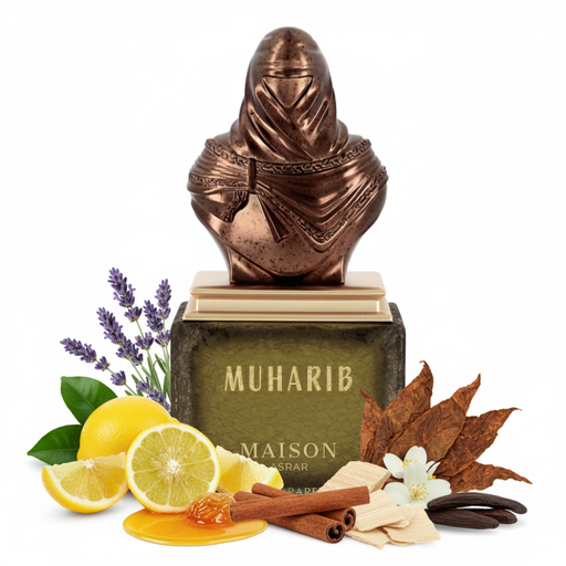 Perfume con notas de lavanda, bergamota, limón, miel, canela, madera de cachemira, tabaco, haba tonka y jazmín