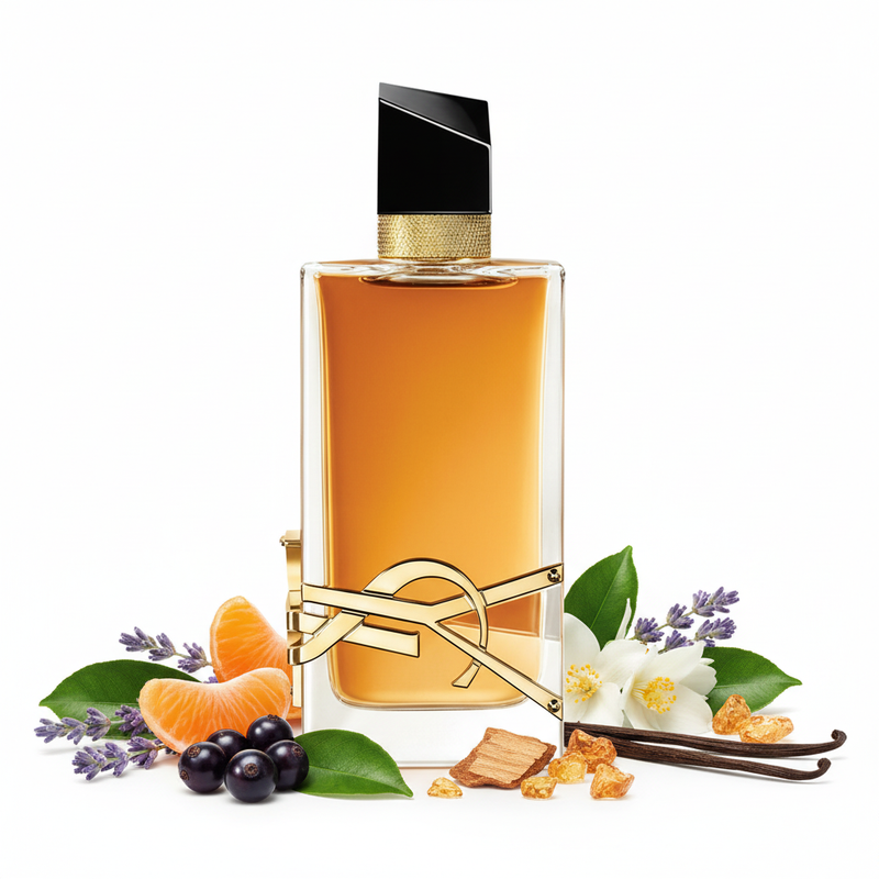 Perfume con notas de lavanda, mandarina, grosellas negras, petit grain, flor de azahar del naranjo, jazmín, vainilla de Madagascar, almizcle, cedro y ámbar gris