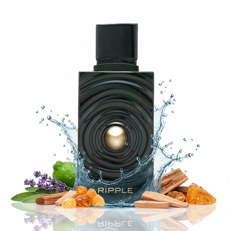 Perfume con notas de lavanda, salvia, bergamota, cedro, notas marinas, agua de mar, sándalo, incienso, ámbar y almizcle