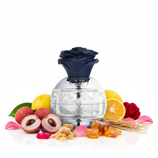 Perfume con notas de lichi, bergamota, rosa, incienso, ámbar y vetiver