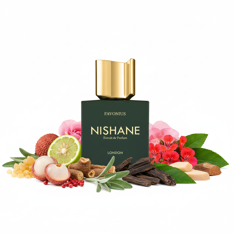 Perfume con notas de lichi, incienso, pimienta rosa, bergamota, rosa, cipriol, esclarea, abrótano, geranio, madera de oud, incienso, pachulí, sándalo y cedro