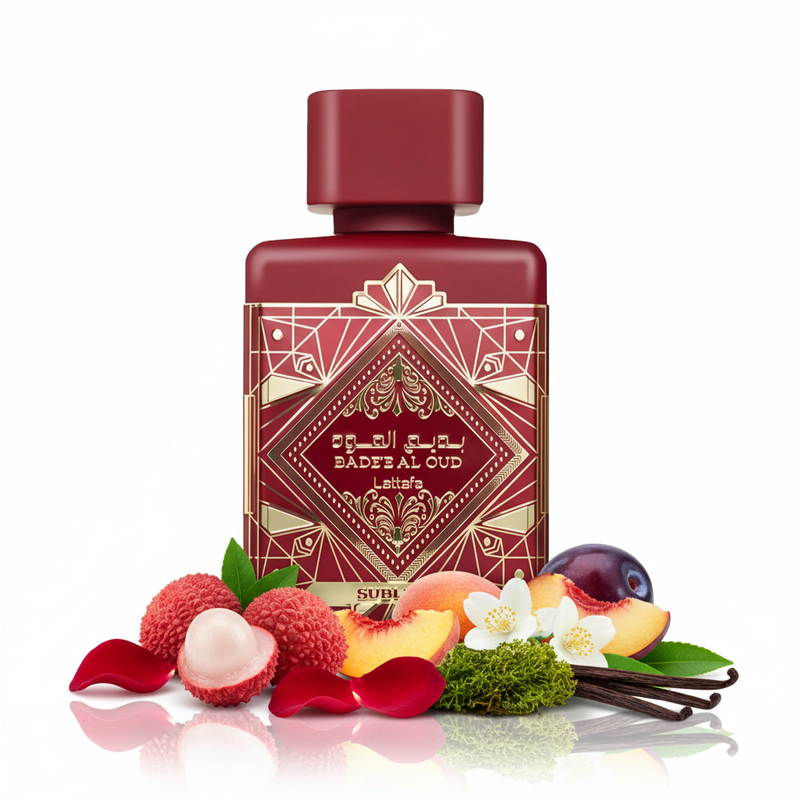 Perfume con notas de lichi, rosa, melocotón, jazmín, ciruela, musgo, vainilla y pachulí