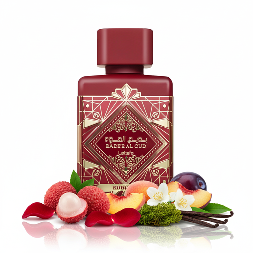 Perfume con notas de lichi, rosa, melocotón, jazmín, ciruela, musgo, vainilla y pachulí