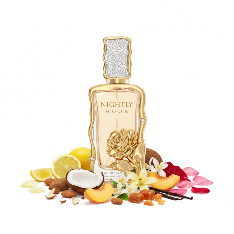 Perfume con notas de limón, almendra, coco, melocotón/albaricoque, flor de azahar, jazmín, nardos, rosa, vainilla, haba tonka, caramelo y almizcle