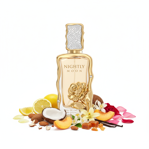 Perfume con notas de limón, almendra, coco, melocotón/albaricoque, flor de azahar, jazmín, nardos, rosa, vainilla, haba tonka, caramelo y almizcle