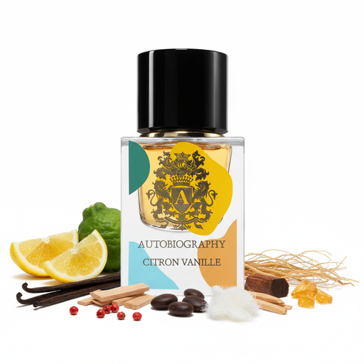 Perfume con notas de limón, bergamota, vainilla, pimienta rosa, sándalo, haba tonka, cedro, almizcle, vetiver y ámbar