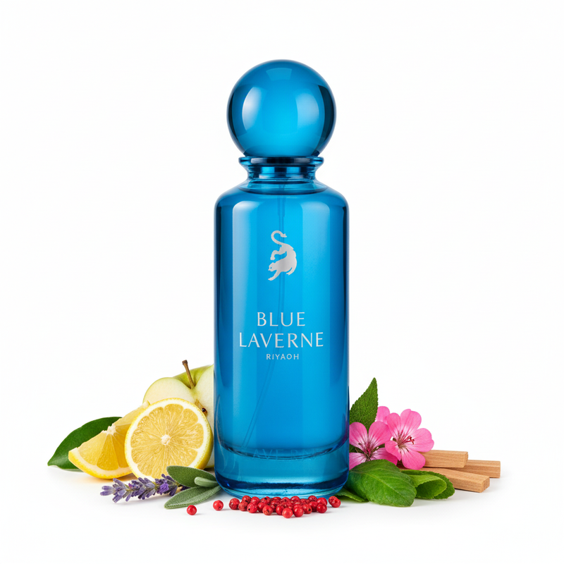 Perfume con notas de limón italiano, manzana, pimienta rosa, lavanda, salvia, geranio, pachulí, almizcle y sándalo